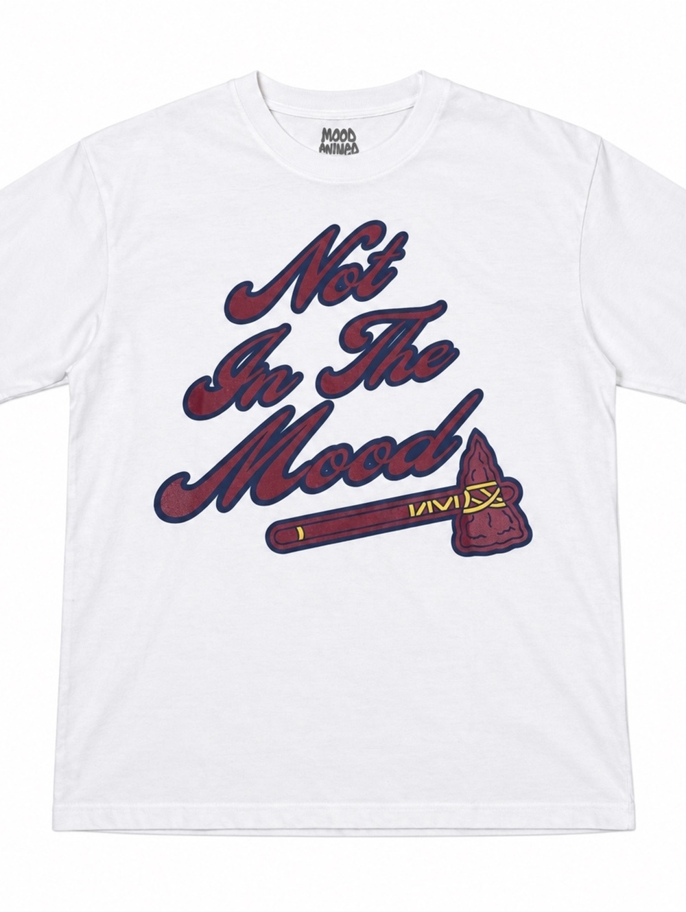 White Graphic T-Shirt with "Not In The Mood" Print and Axe Design